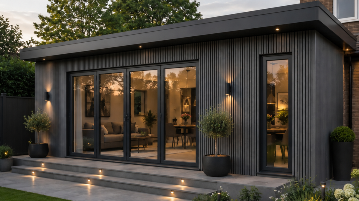 Illustrative garden extension with vertical graphite-grey slatted cladding