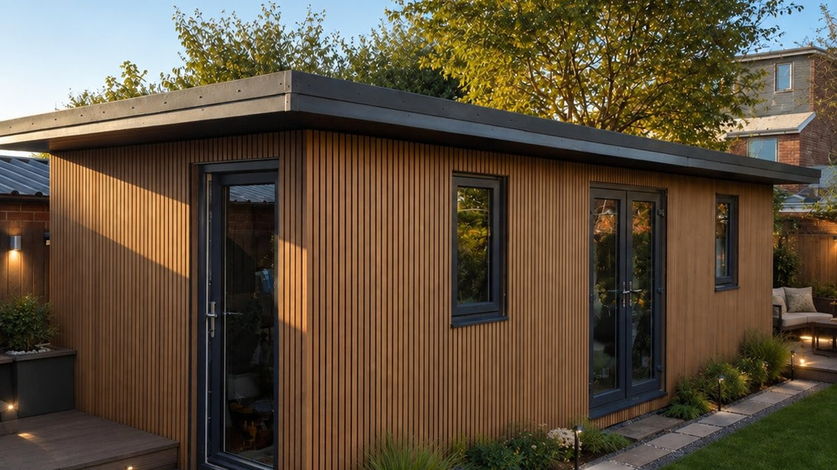 Illustrative garden room with warm teak vertical slatted cladding and black-framed doors