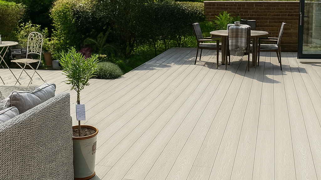 Light composite garden decking with outdoor dining furniture and surrounding planting