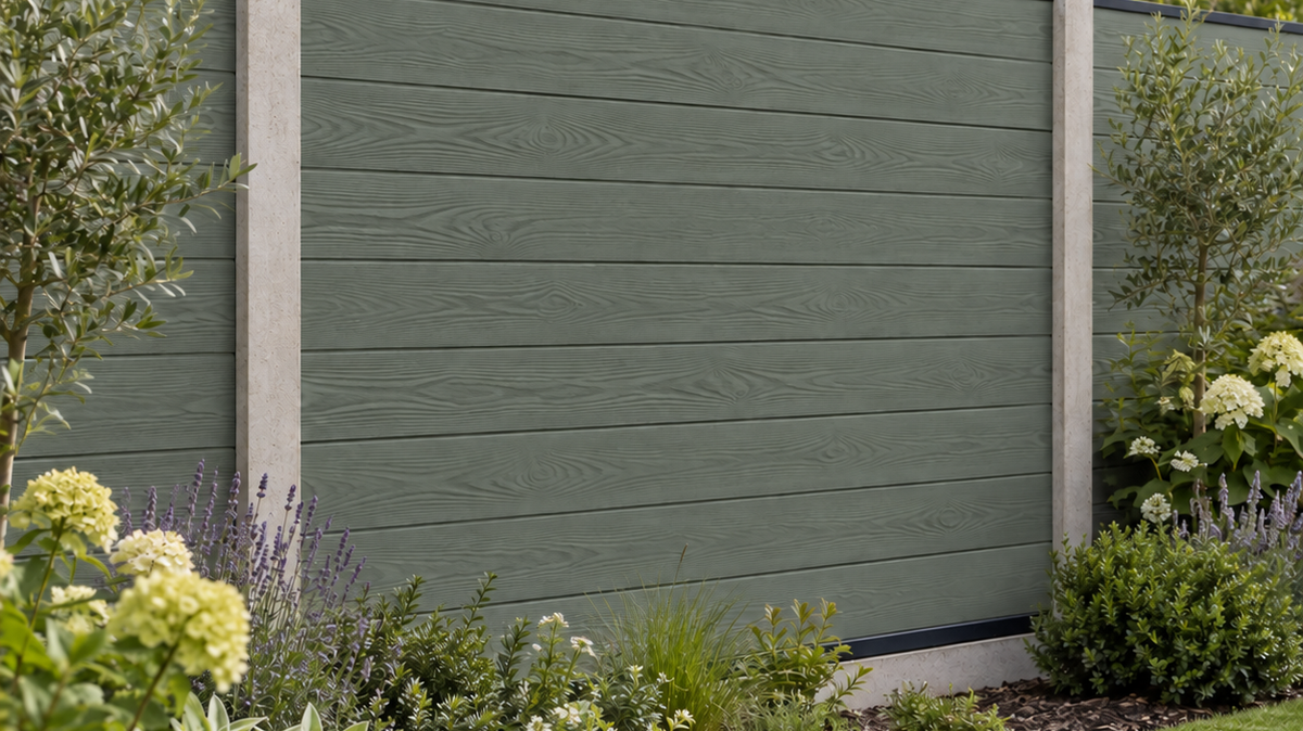 Illustrative sage woodgrain composite fence with concrete posts and a planted garden border