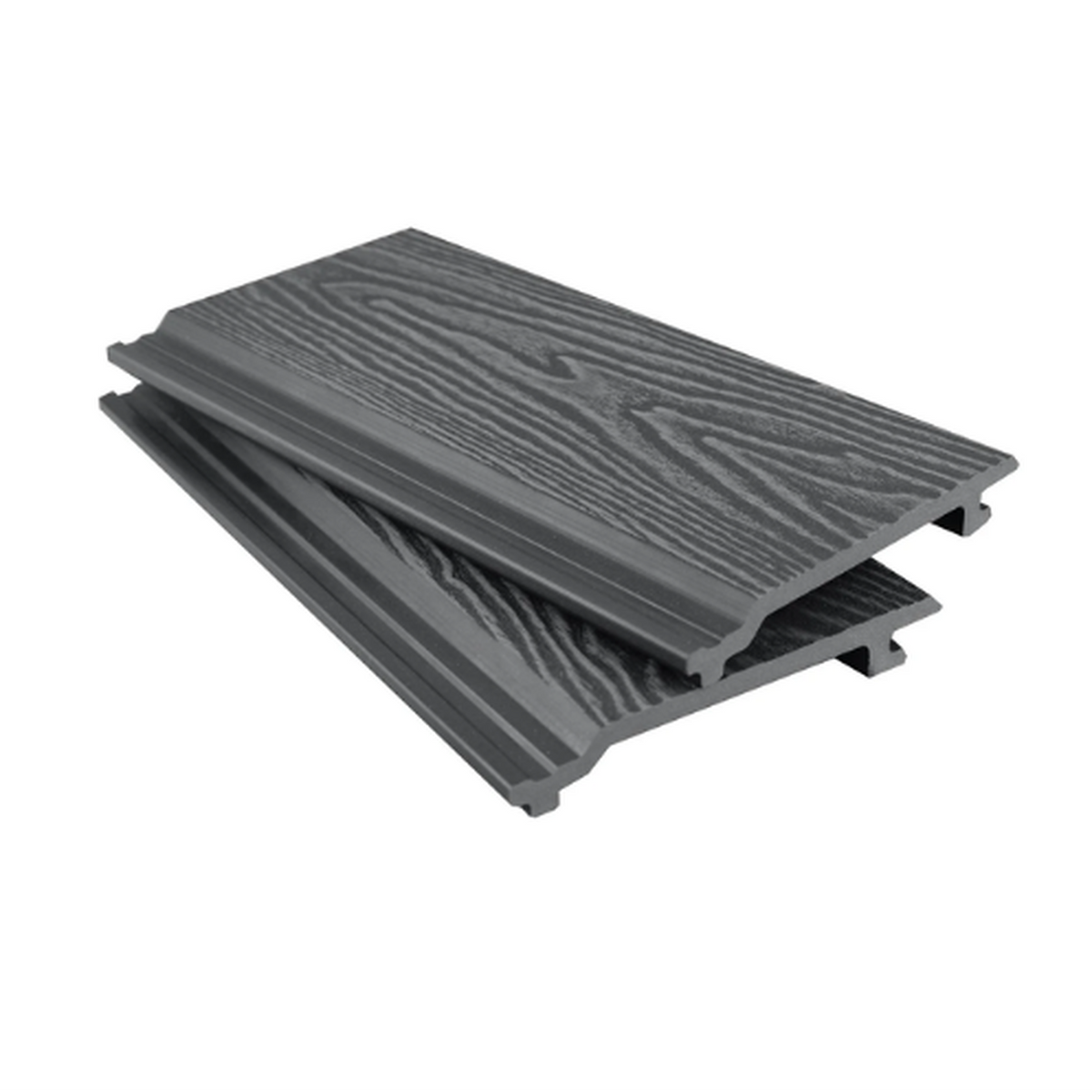 Dark grey Signature woodgrain cladding boards showing the textured face and hollow profile