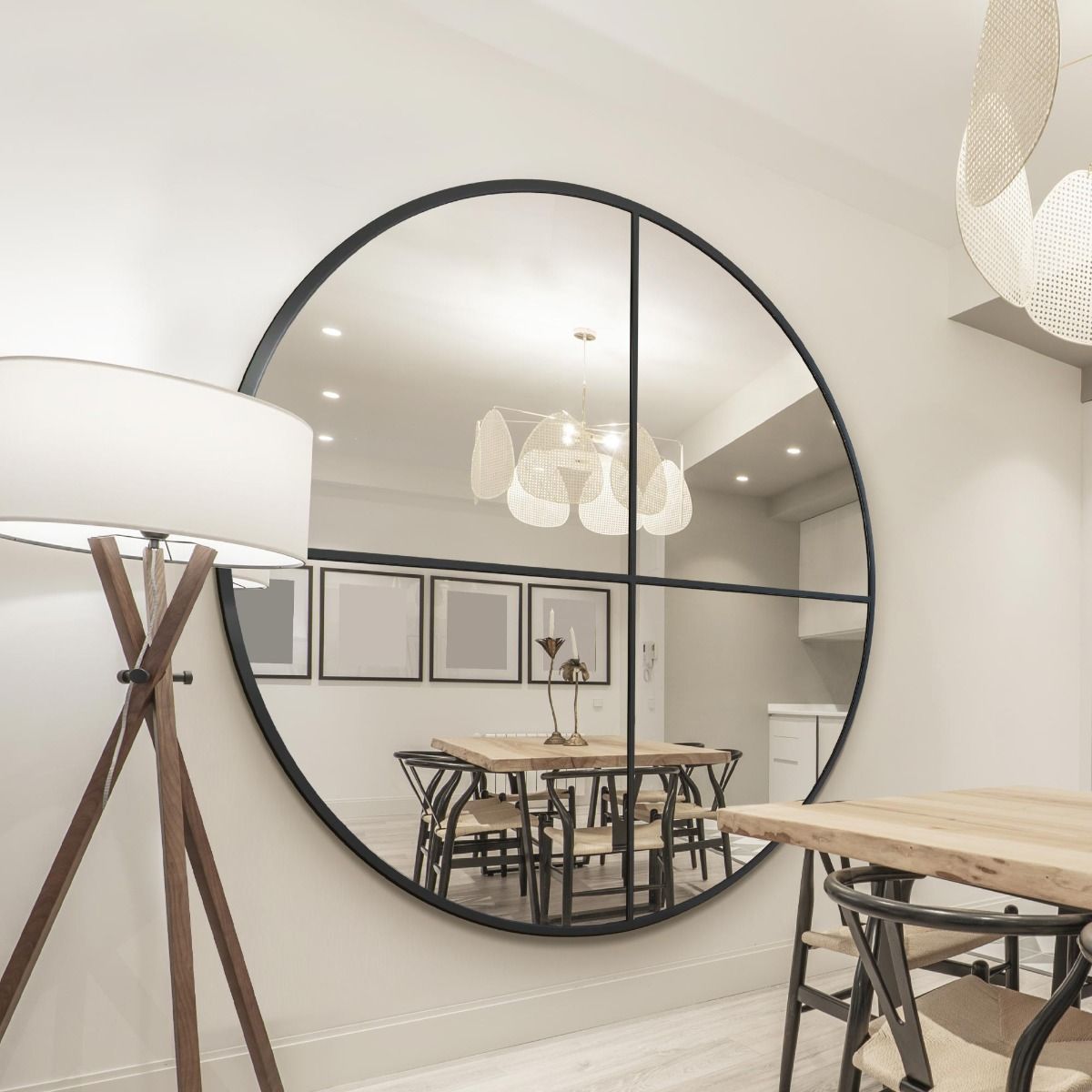 Black XL Circular Window Metal Wall and Leaner Mirror 71" X 71" (180 x 180CM)