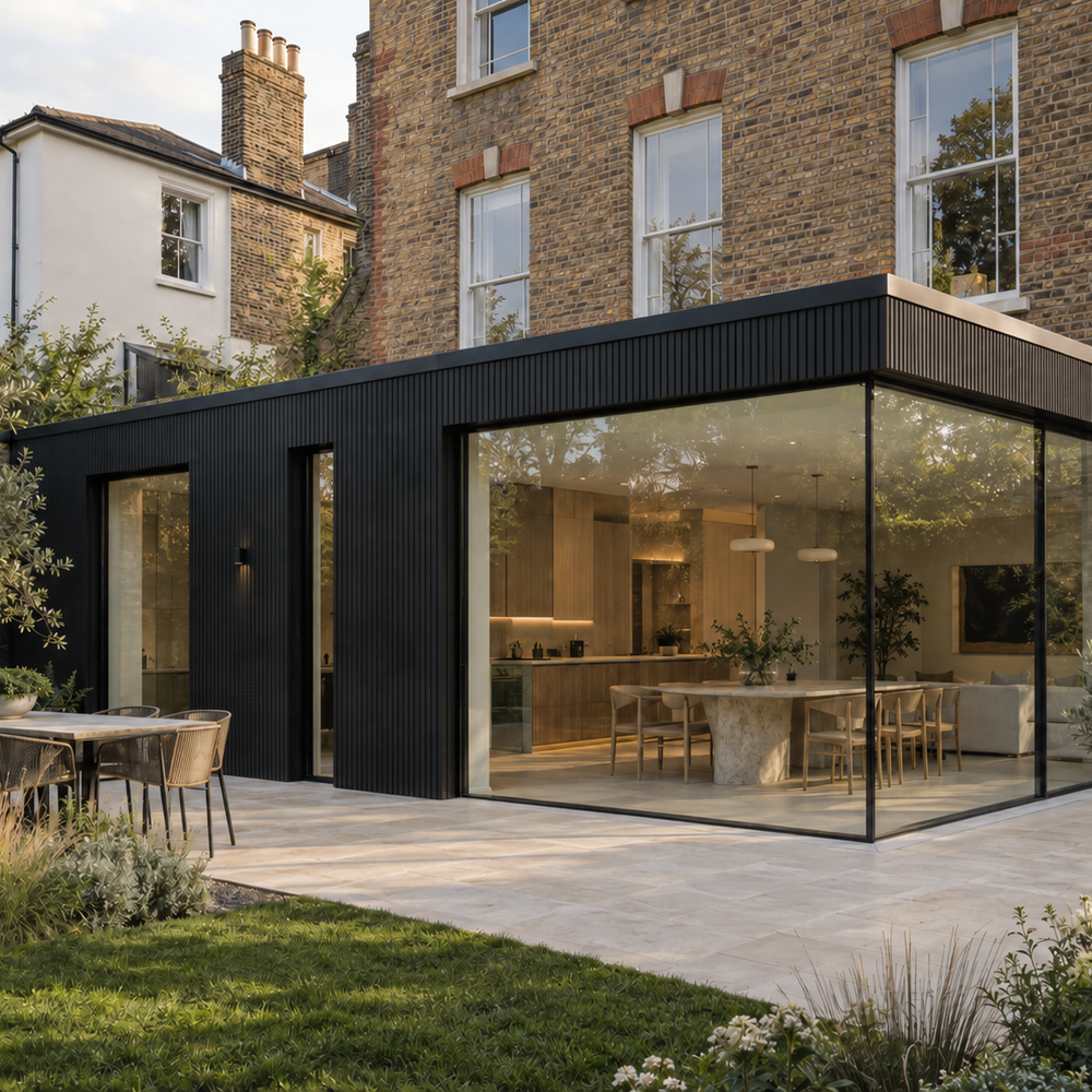 AI architectural illustration of charcoal black slatted cladding on a luxury Victorian house extension
