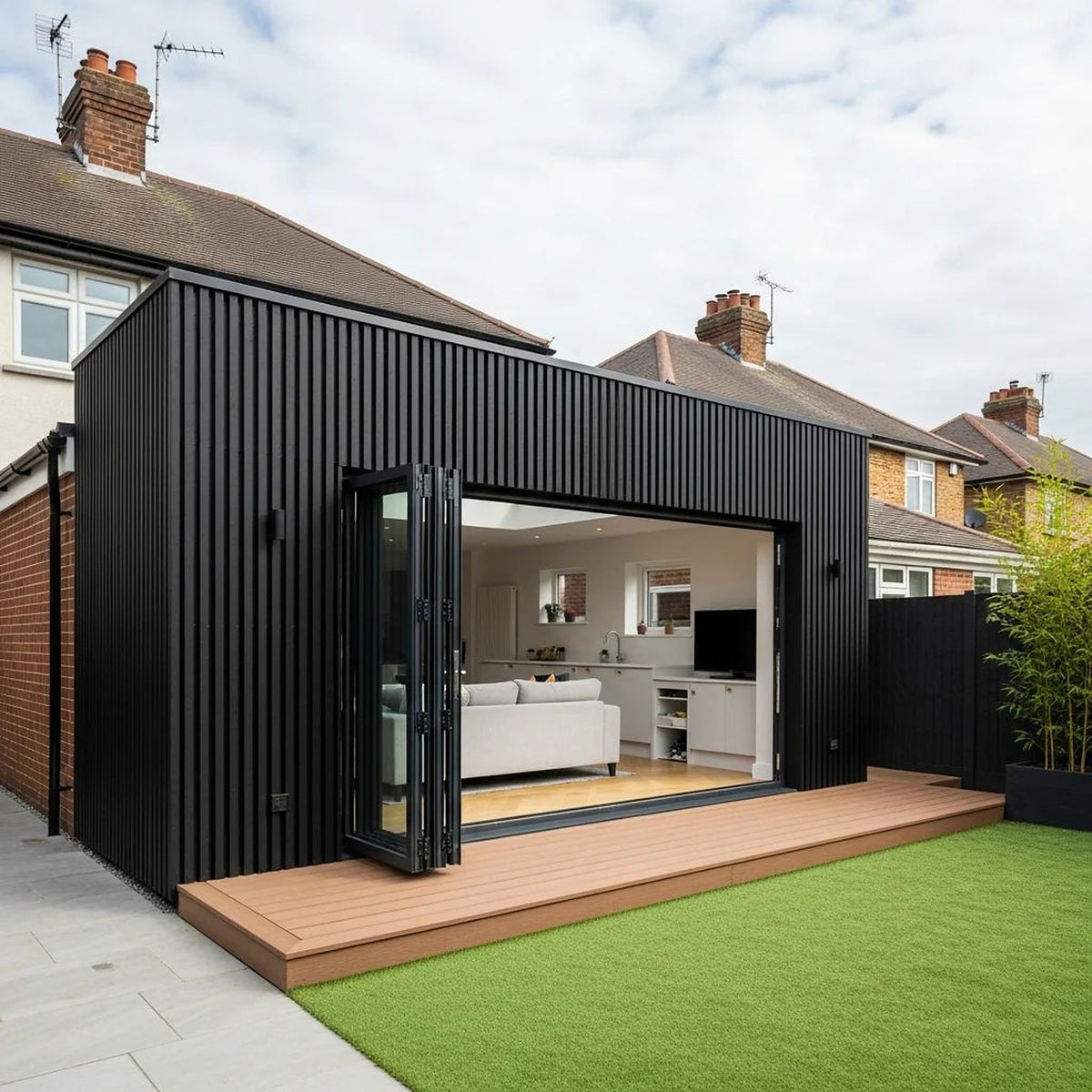 Black slatted cladding around the front and sides of a garden room