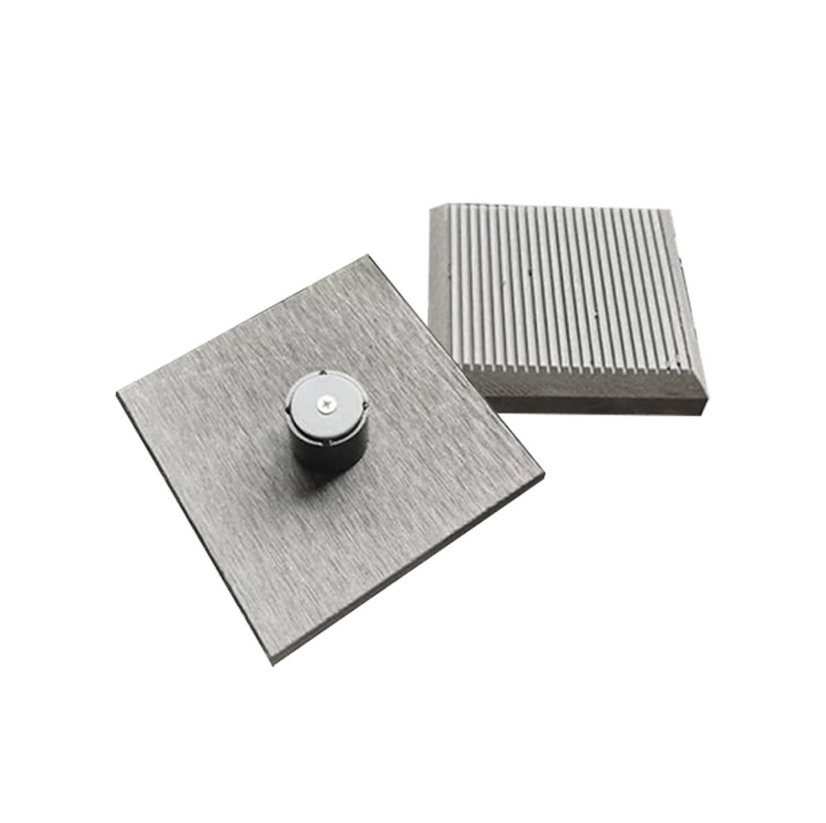 Grey composite fence-post caps showing the top and underside