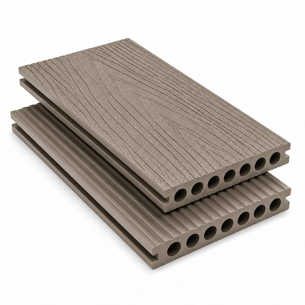 Driftwood Prestige capped composite decking — woodgrain face and grooved reverse