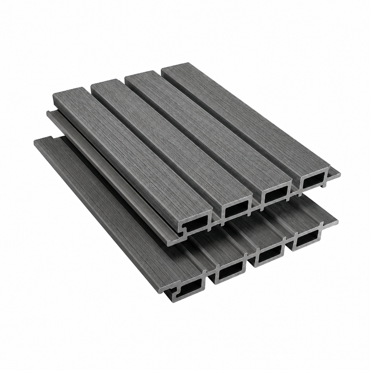 Graphite Grey slatted cladding boards showing the woodgrain face and hollow profile