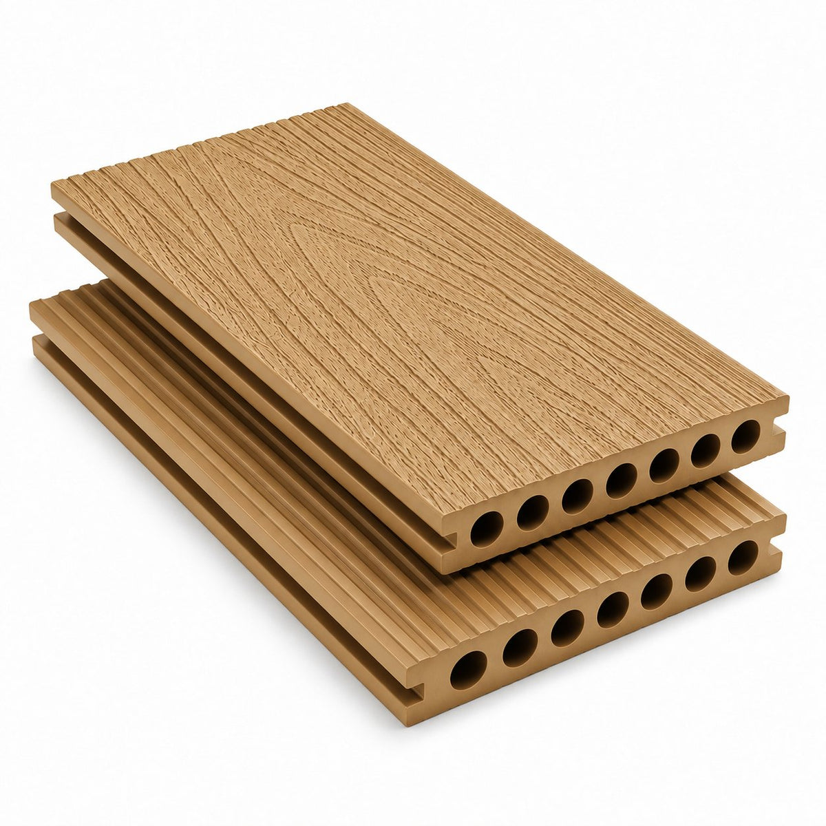 Natural Oak Prestige capped composite decking — woodgrain face and grooved reverse