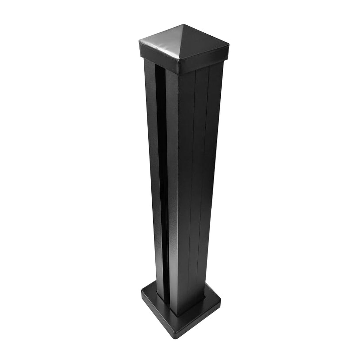 Black aluminium fence post with its top cap and base skirt fitted