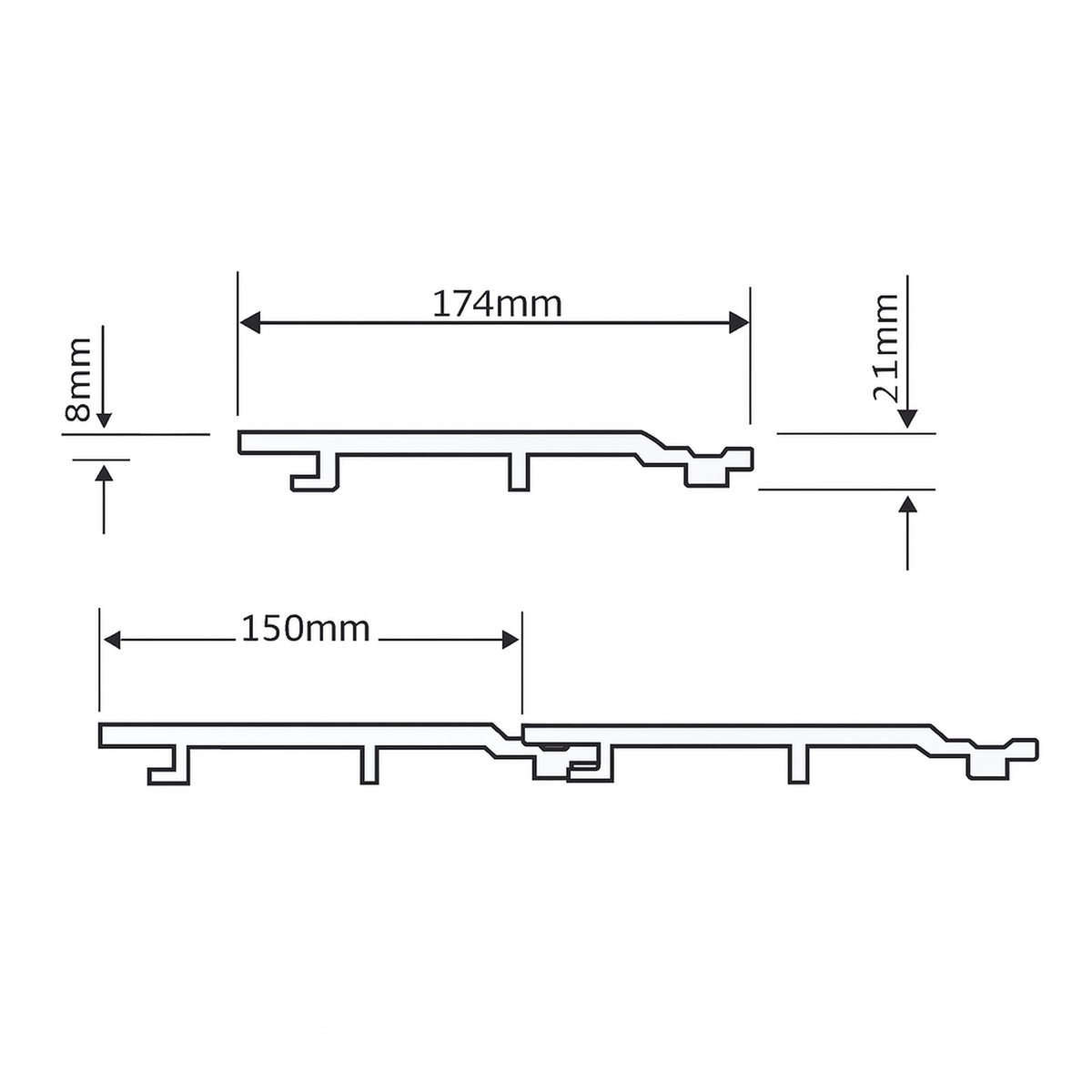 Prestige woodgrain cladding technical profile diagram showing overall and installed board widths