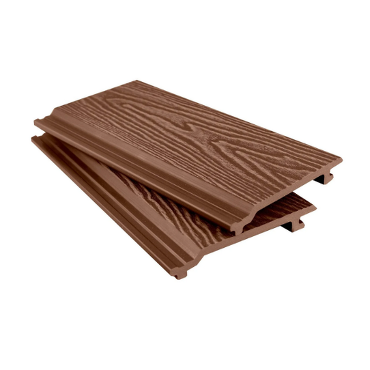 Reddish-brown Signature woodgrain cladding boards showing the textured face and hollow profile