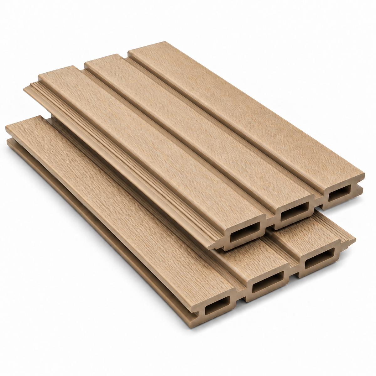 Natural Oak Prestige slatted composite fence board with fine ribbing between the slats