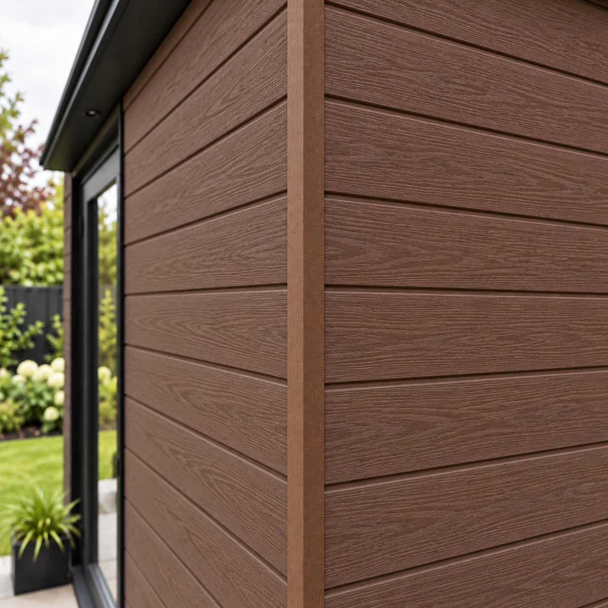Rosewood angle trim on a garden building — design visualisation