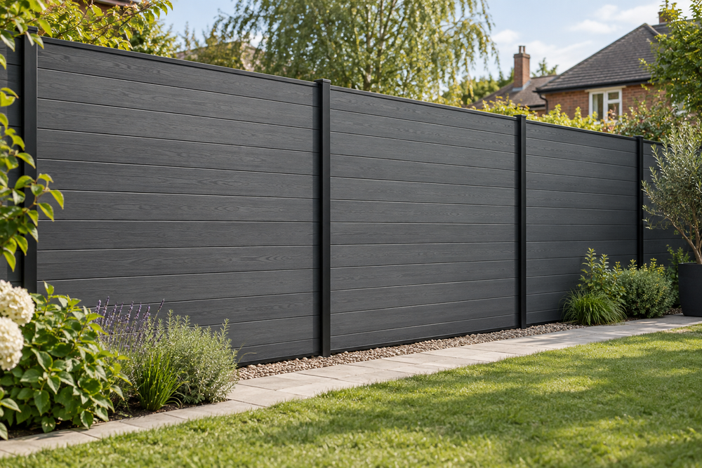 Illustrative graphite composite fence with black aluminium posts in a landscaped garden