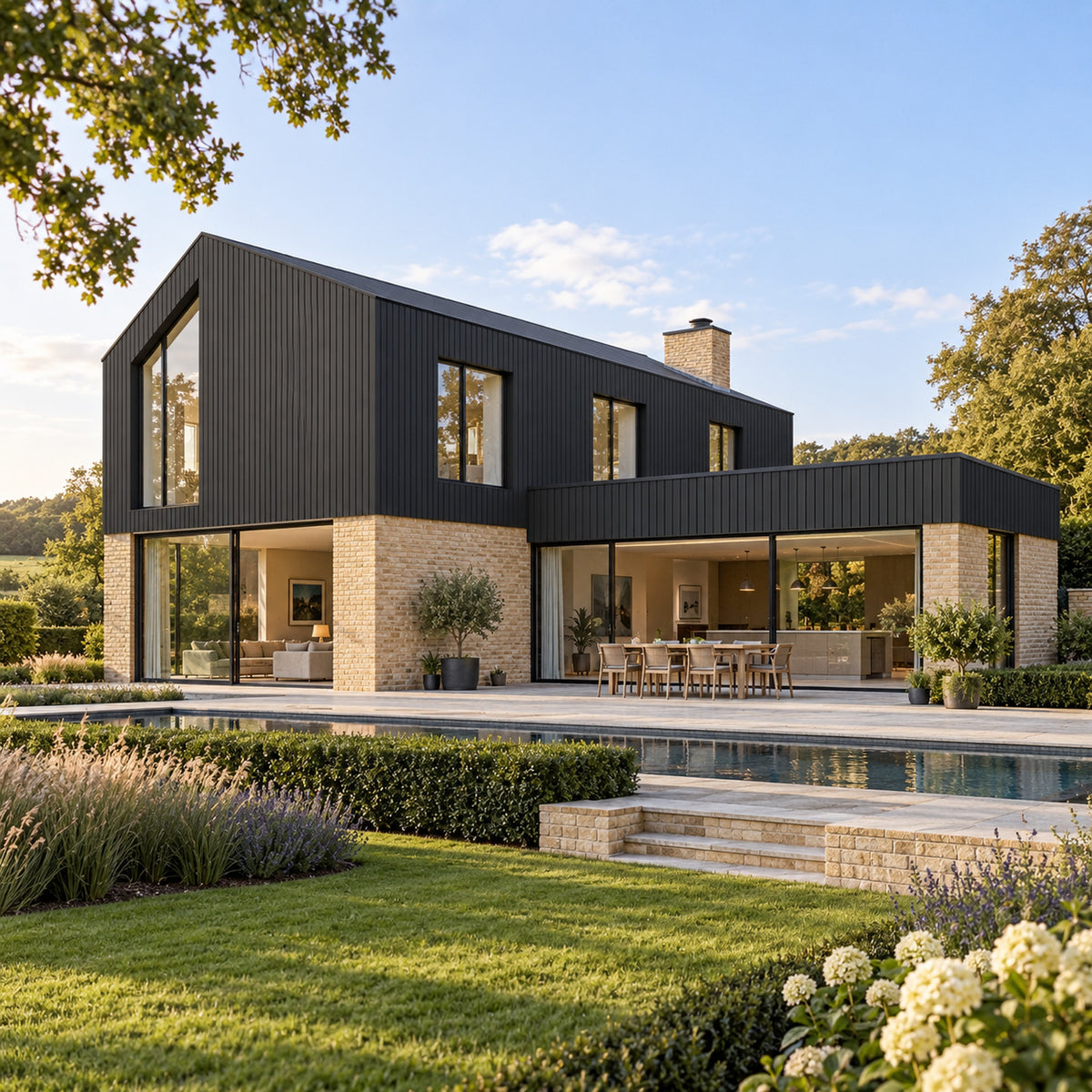 Charcoal Black Prestige slatted cladding — installed architectural visualisation