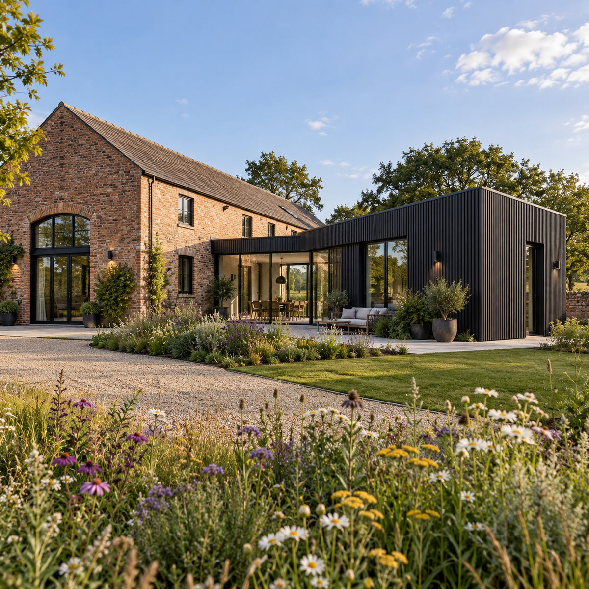 Charcoal Black Prestige slatted cladding — installed architectural visualisation