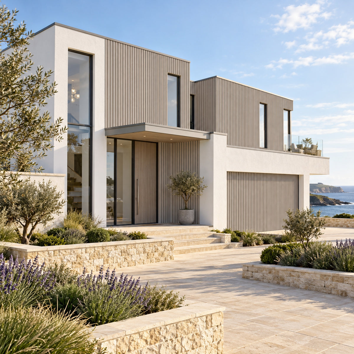 Driftwood Prestige slatted cladding — installed architectural visualisation