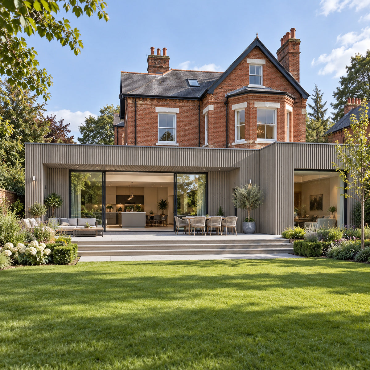 Driftwood Prestige slatted cladding — installed architectural visualisation