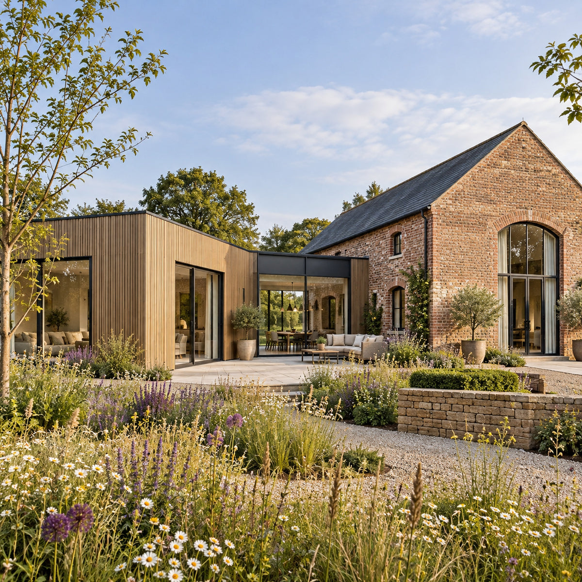 Natural Oak Prestige slatted cladding — installed architectural visualisation