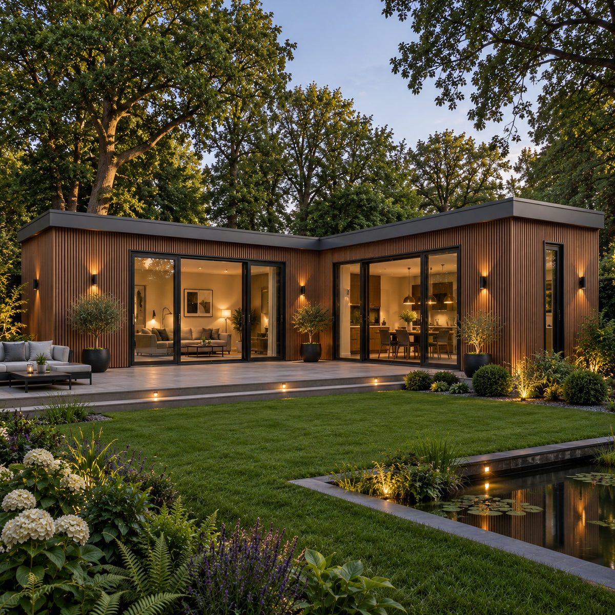 Teak Prestige slatted cladding — installed architectural visualisation