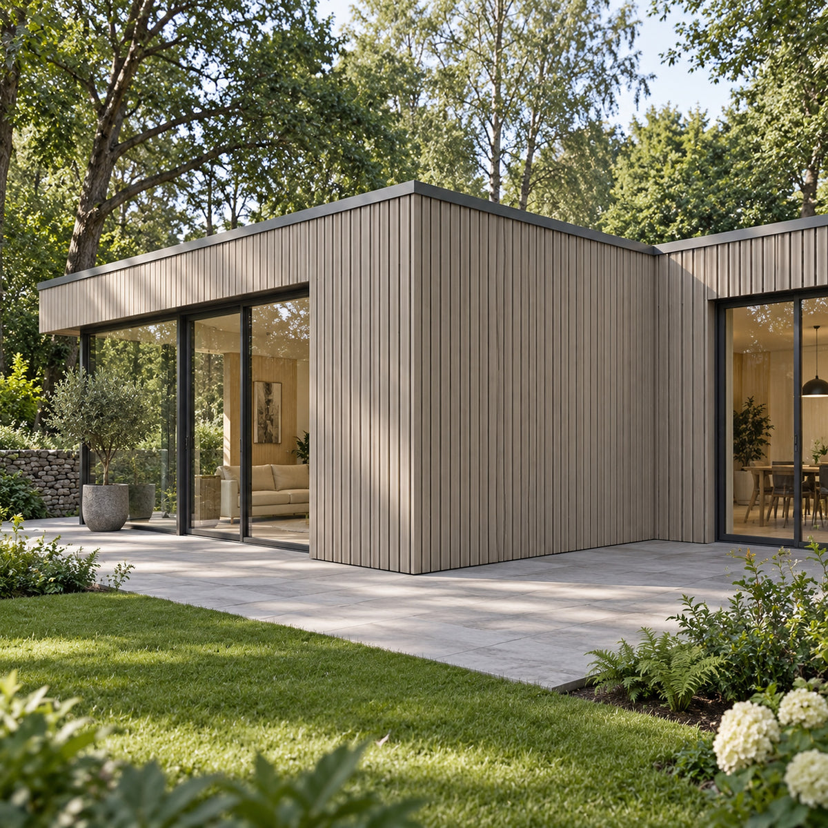 Driftwood Prestige slatted EXTERNAL corner Female to Female — installed architectural visualisation