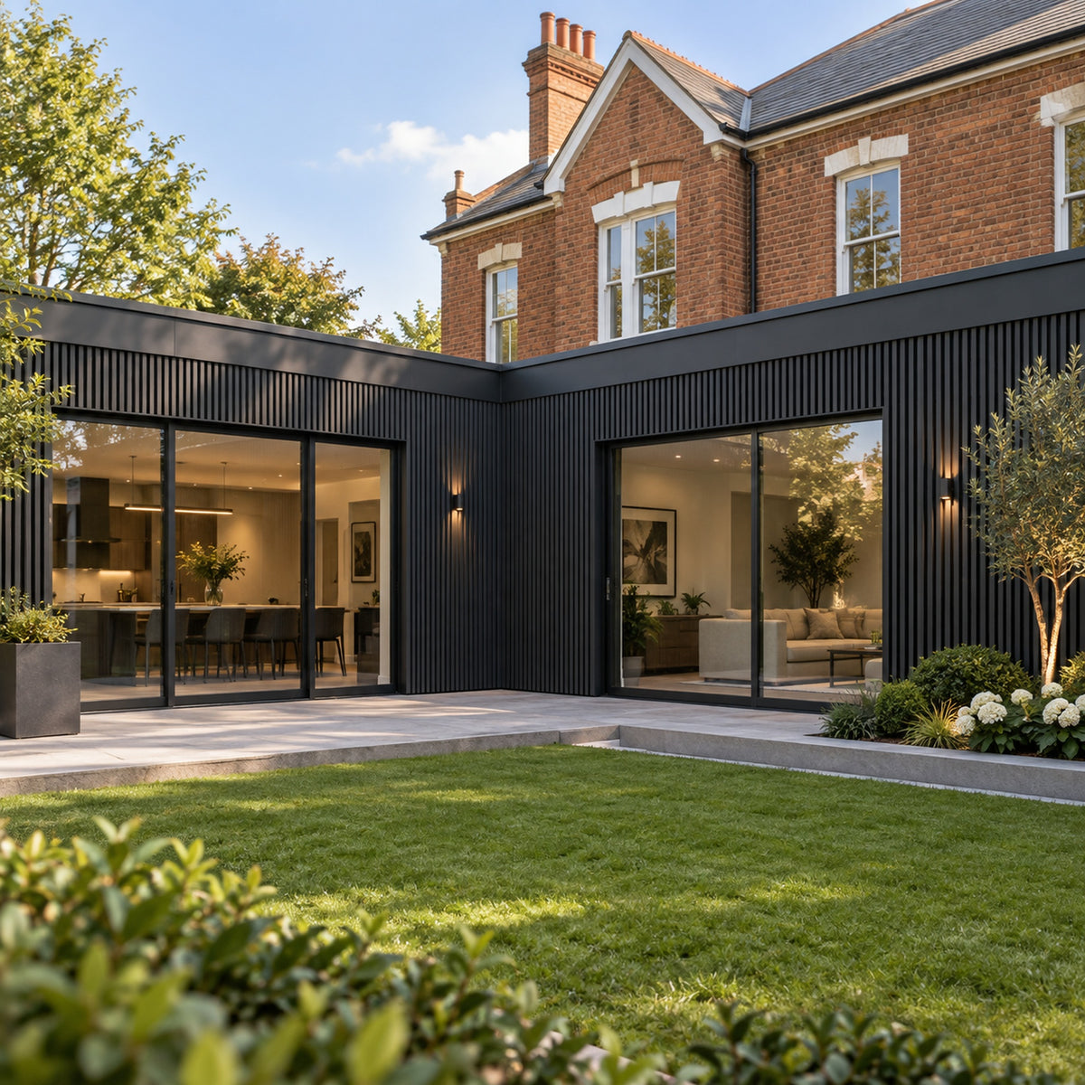 Charcoal Black Prestige slatted INTERNAL corner trim — installed architectural visualisation