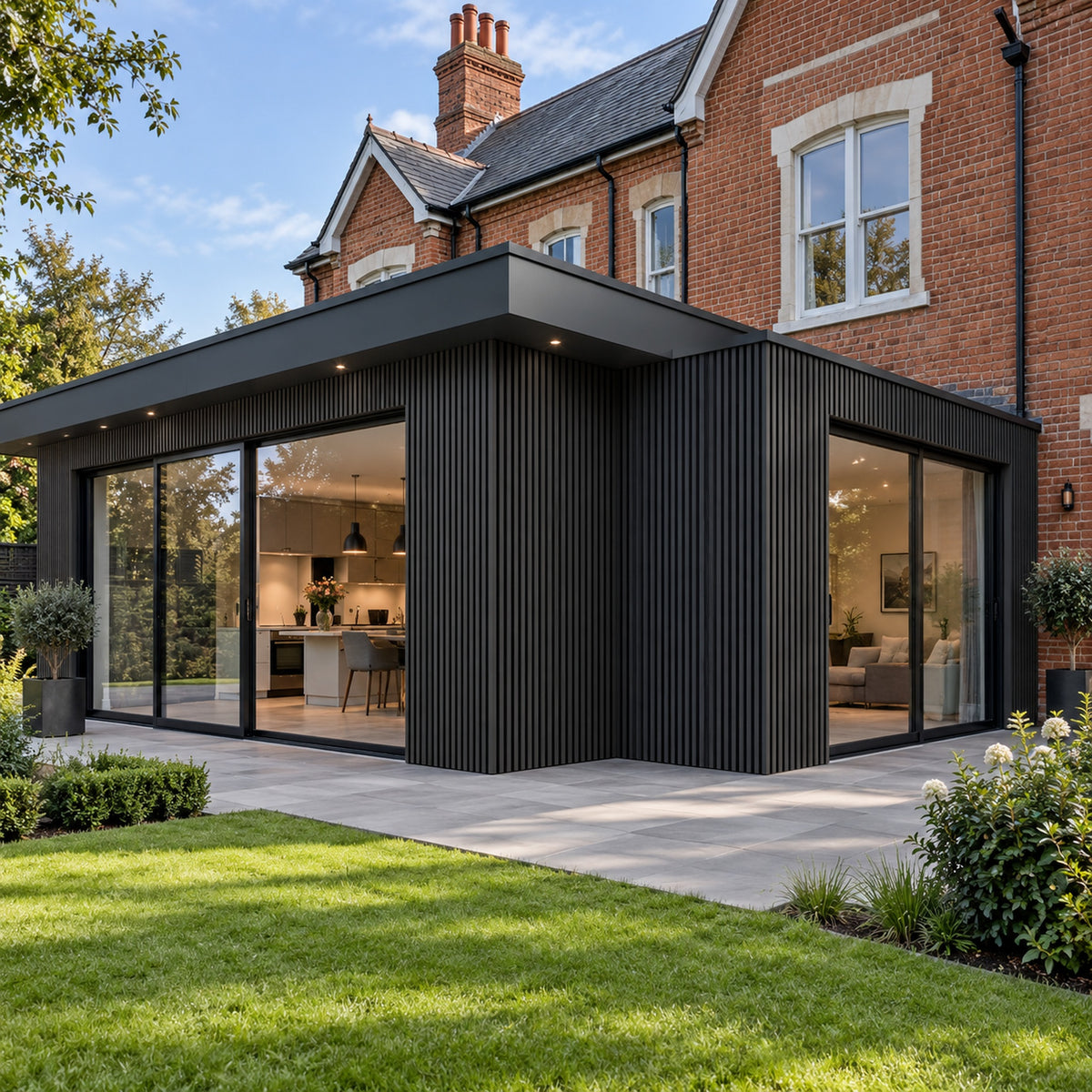 Charcoal Black Prestige slatted INTERNAL corner trim — installed architectural visualisation