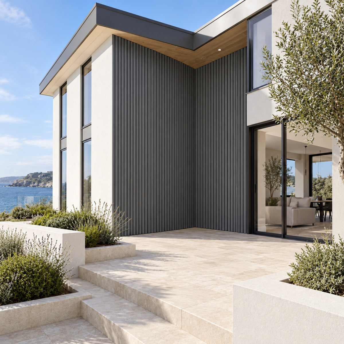 Graphite Grey Prestige slatted INTERNAL corner trim — installed architectural visualisation
