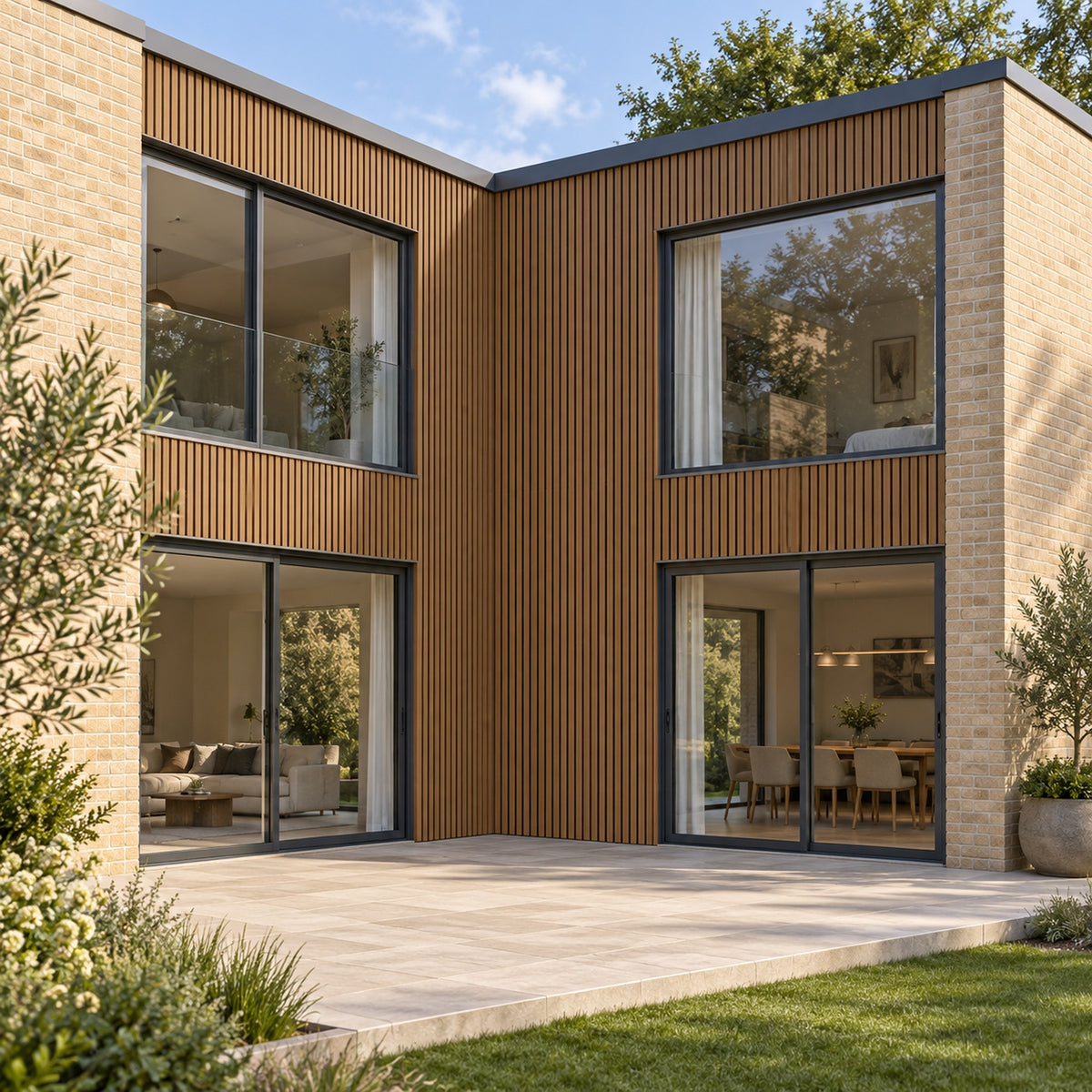 Teak Prestige slatted INTERNAL corner trim — installed architectural visualisation