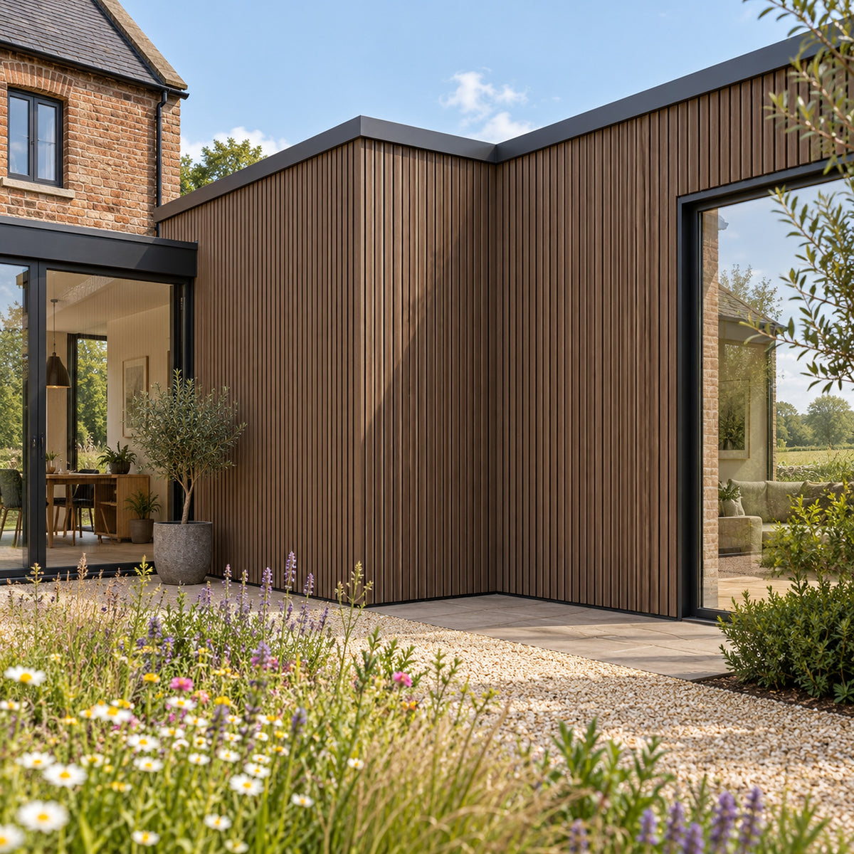 Walnut Prestige slatted INTERNAL corner trim — installed architectural visualisation