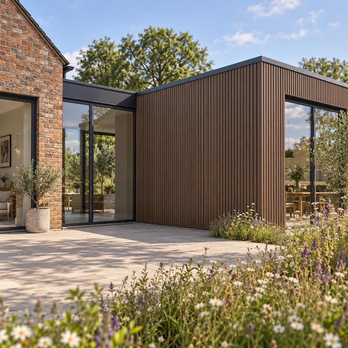 Walnut Prestige slatted INTERNAL corner trim — installed architectural visualisation