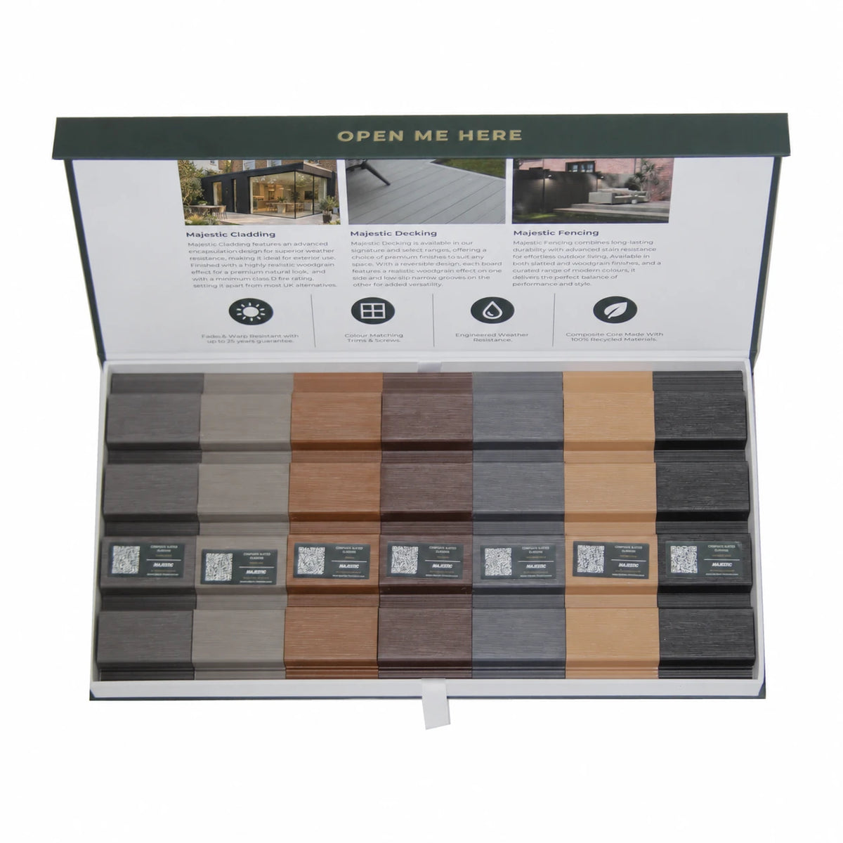 Prestige slatted cladding sample box with all seven colours