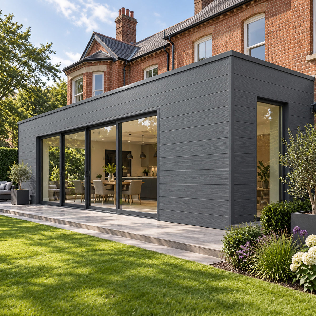 Anthracite Grey Prestige woodgrain shiplap — installed architectural visualisation