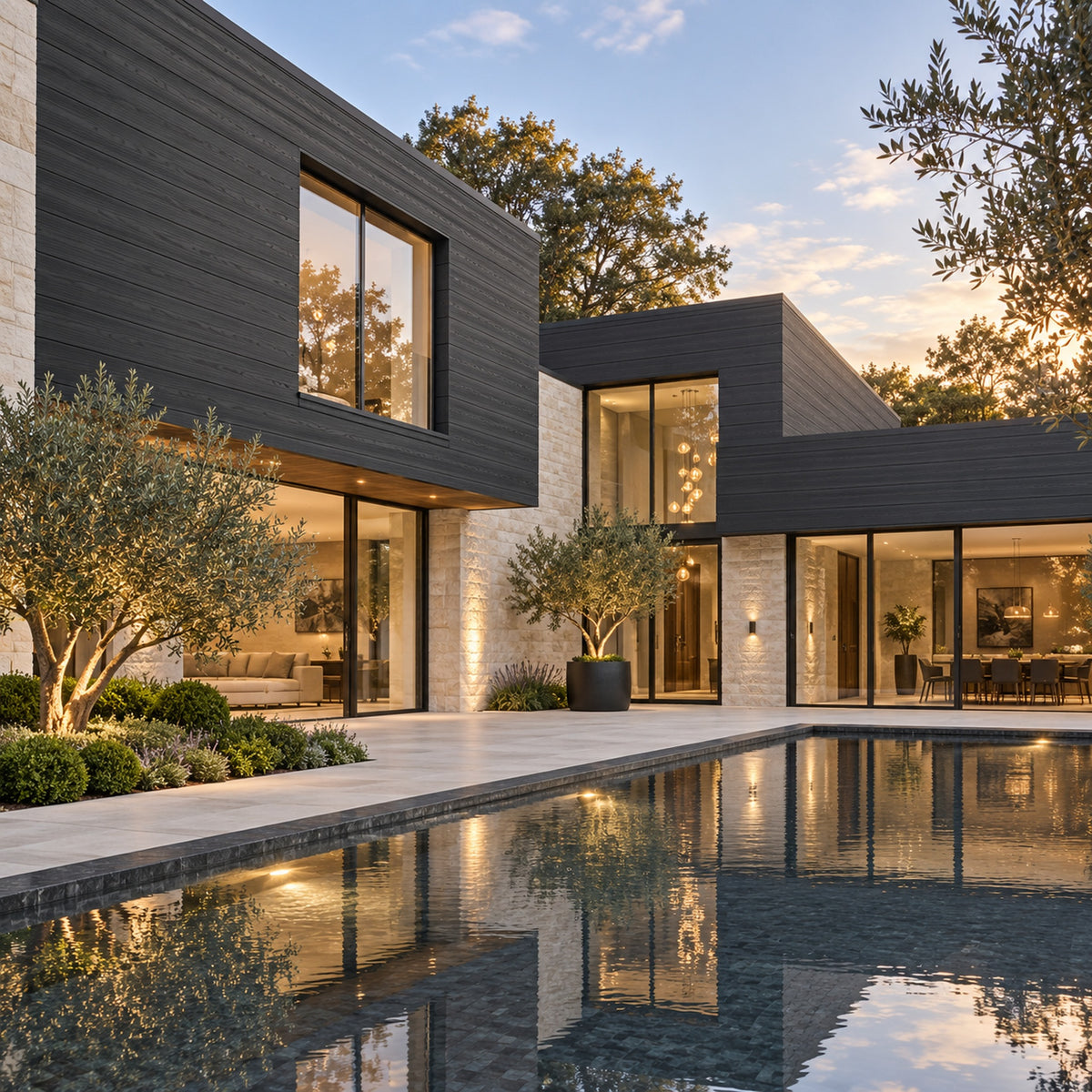 Charcoal Black Prestige woodgrain shiplap — installed architectural visualisation
