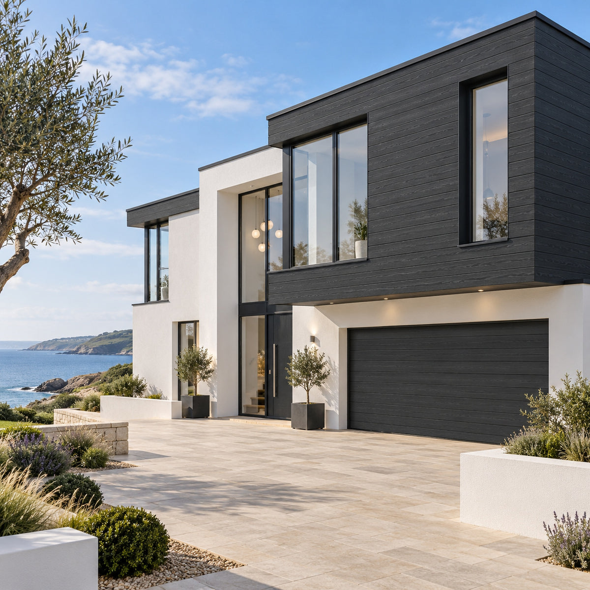 Charcoal Black Prestige woodgrain shiplap — installed architectural visualisation