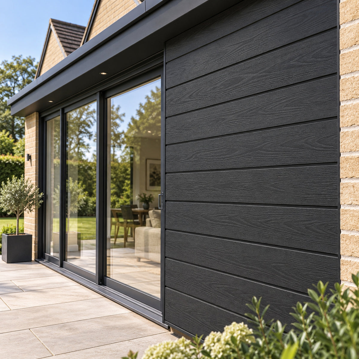 Charcoal Black Prestige woodgrain shiplap — installed architectural visualisation