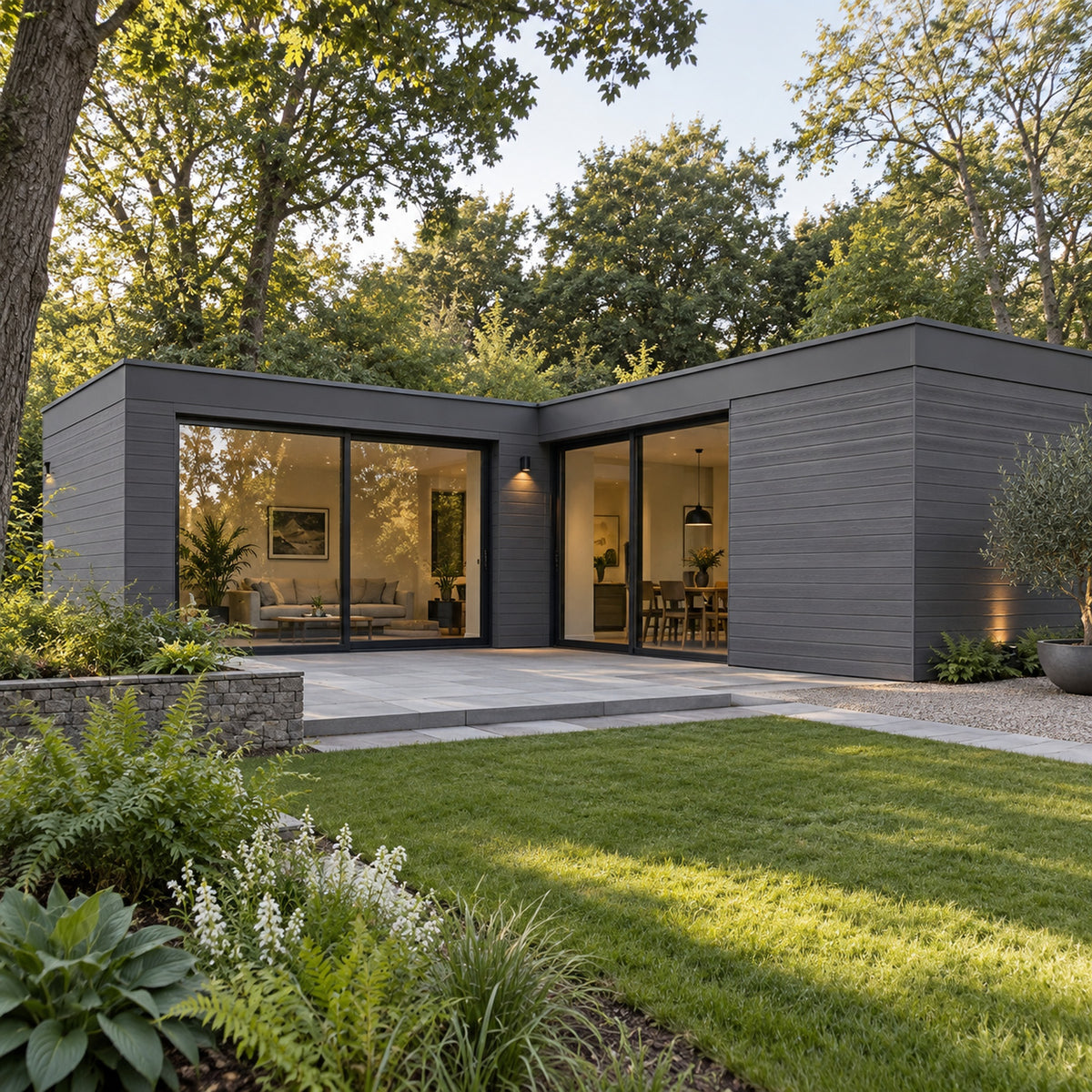 Graphite Grey Prestige woodgrain shiplap — installed architectural visualisation