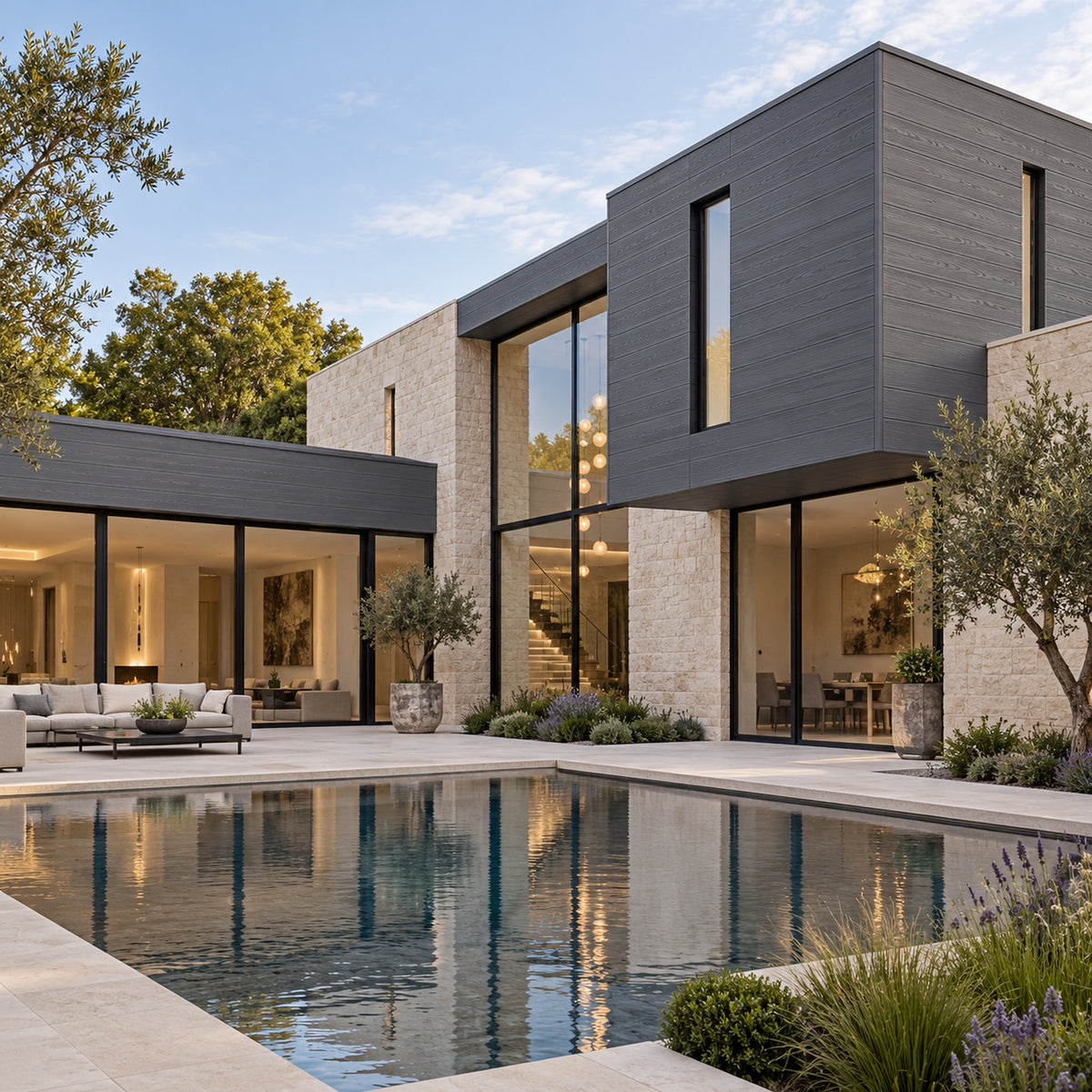 Graphite Grey Prestige woodgrain shiplap — installed architectural visualisation
