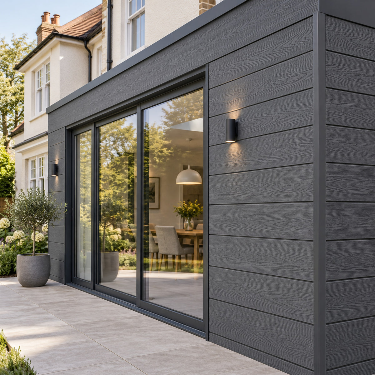 Graphite Grey Prestige woodgrain shiplap — installed architectural visualisation