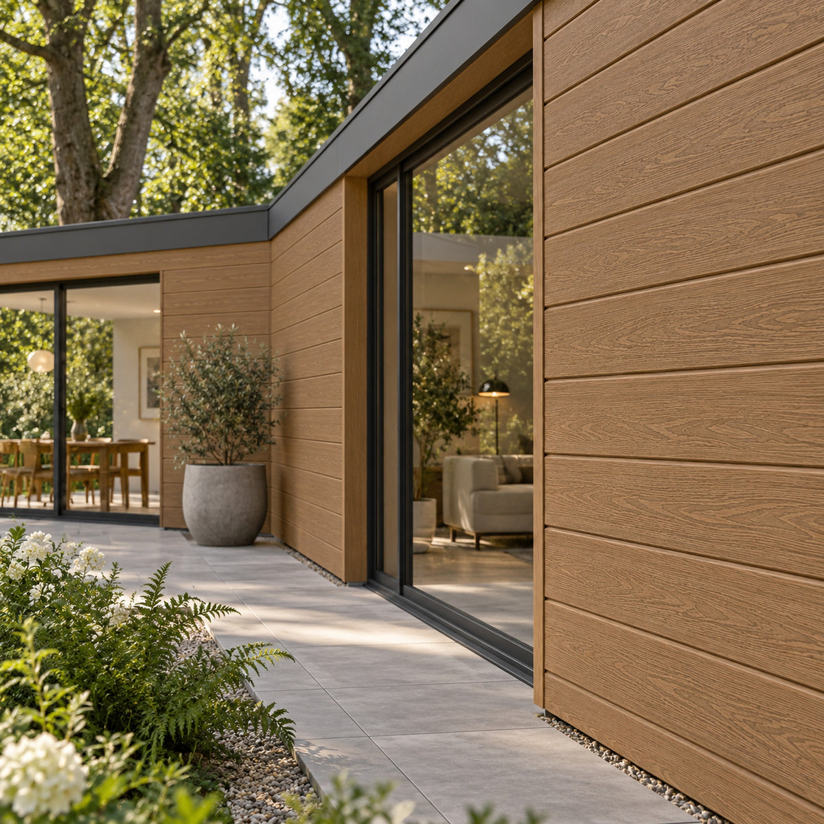 Teak Prestige woodgrain shiplap — installed architectural visualisation
