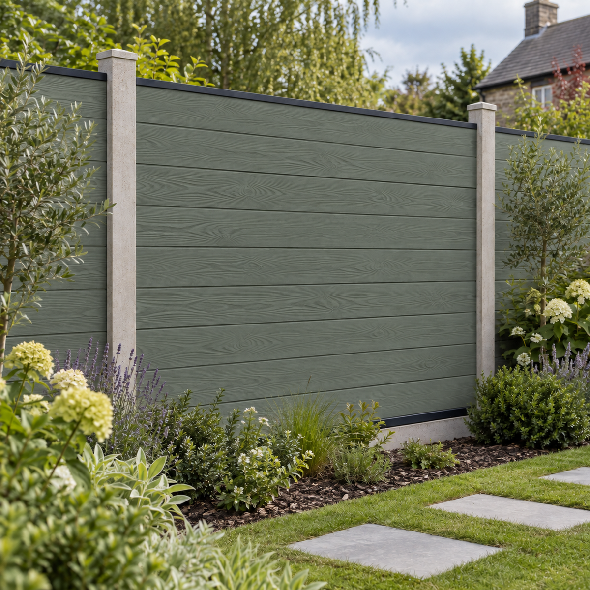 Sage Signature woodgrain fencing with embossed sanded finish and black rails — generated garden illustration