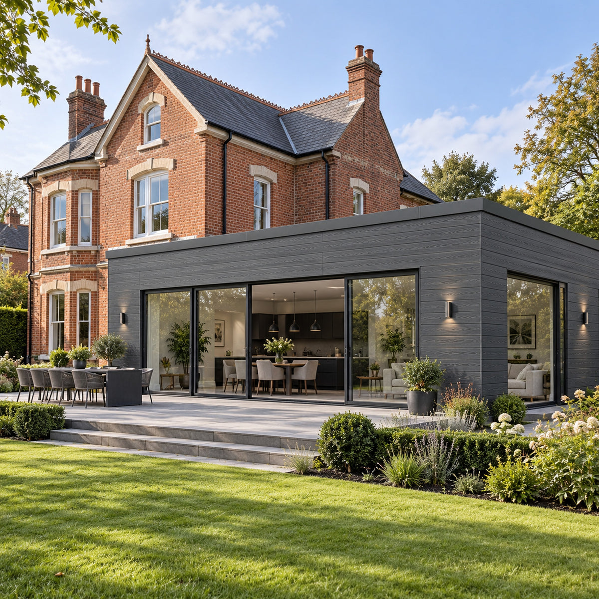 Anthracite Grey Signature woodgrain shiplap — installed architectural visualisation