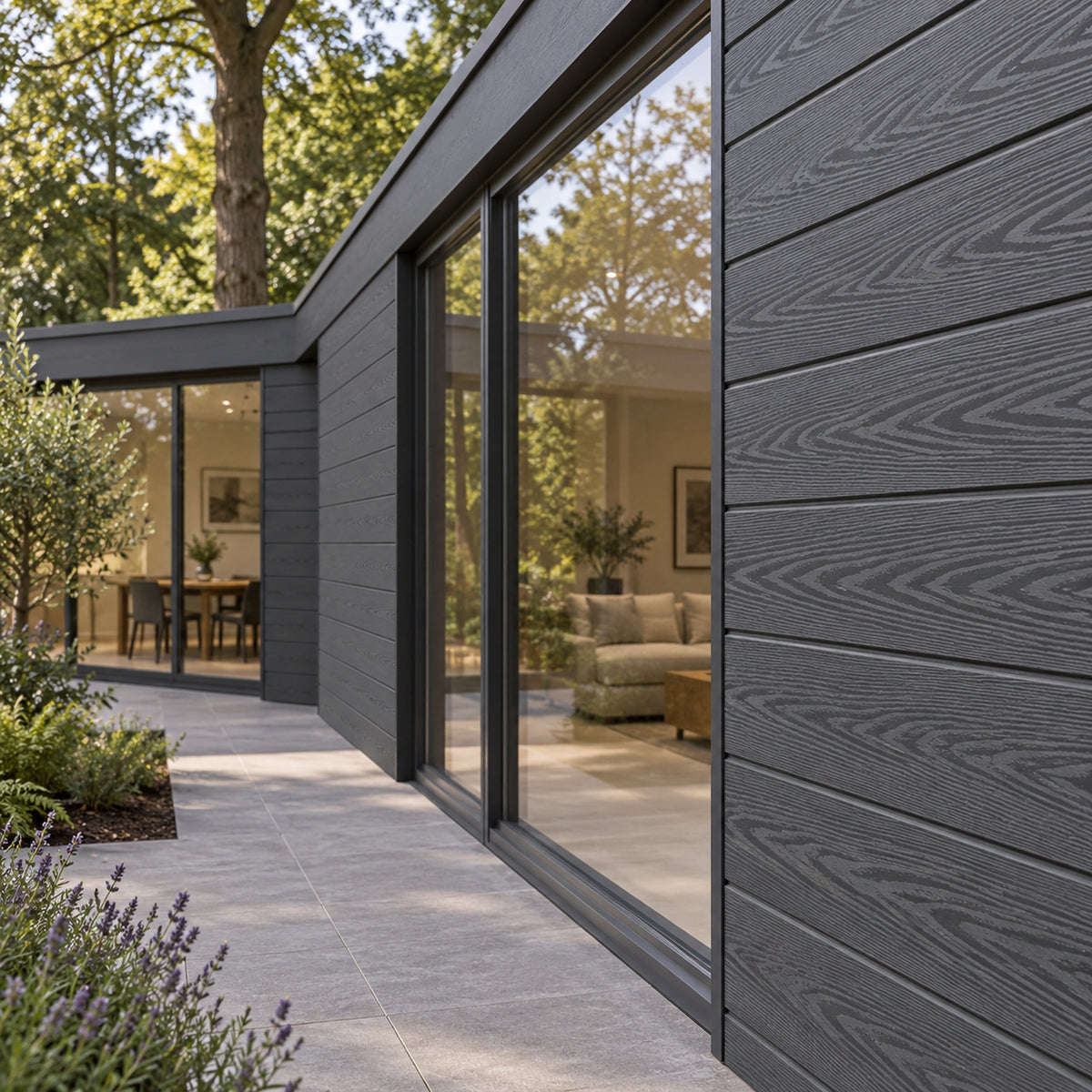 Anthracite Grey Signature woodgrain shiplap — installed architectural visualisation