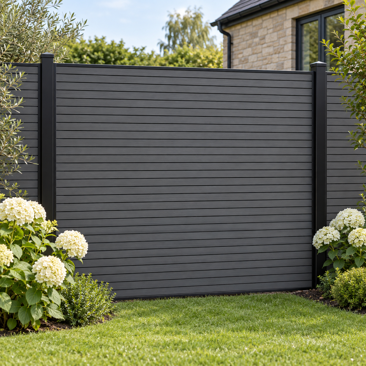 Anthracite Grey slatted composite fencing with narrow slat faces and slim black rails — generated garden illustration