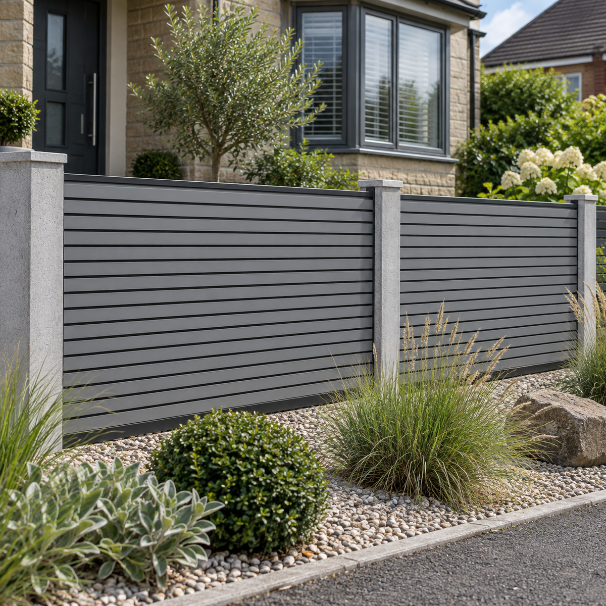 Graphite Grey slatted composite fencing with narrow slat faces and slim black rails — generated garden illustration
