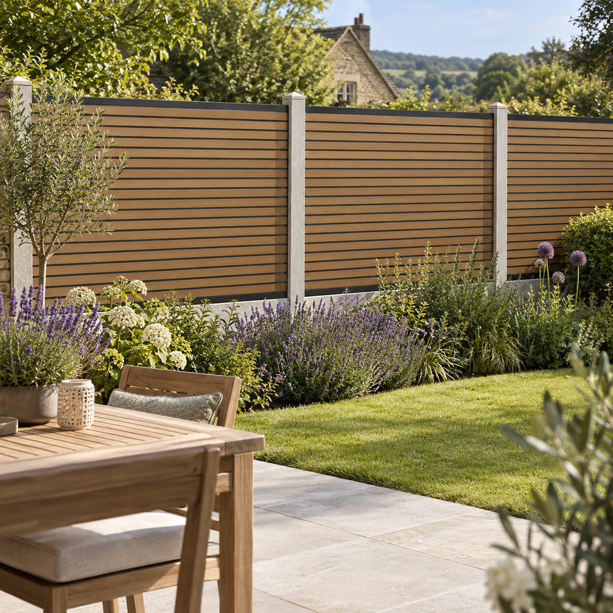 Teak slatted composite fencing with narrow slat faces and slim black rails — generated garden illustration