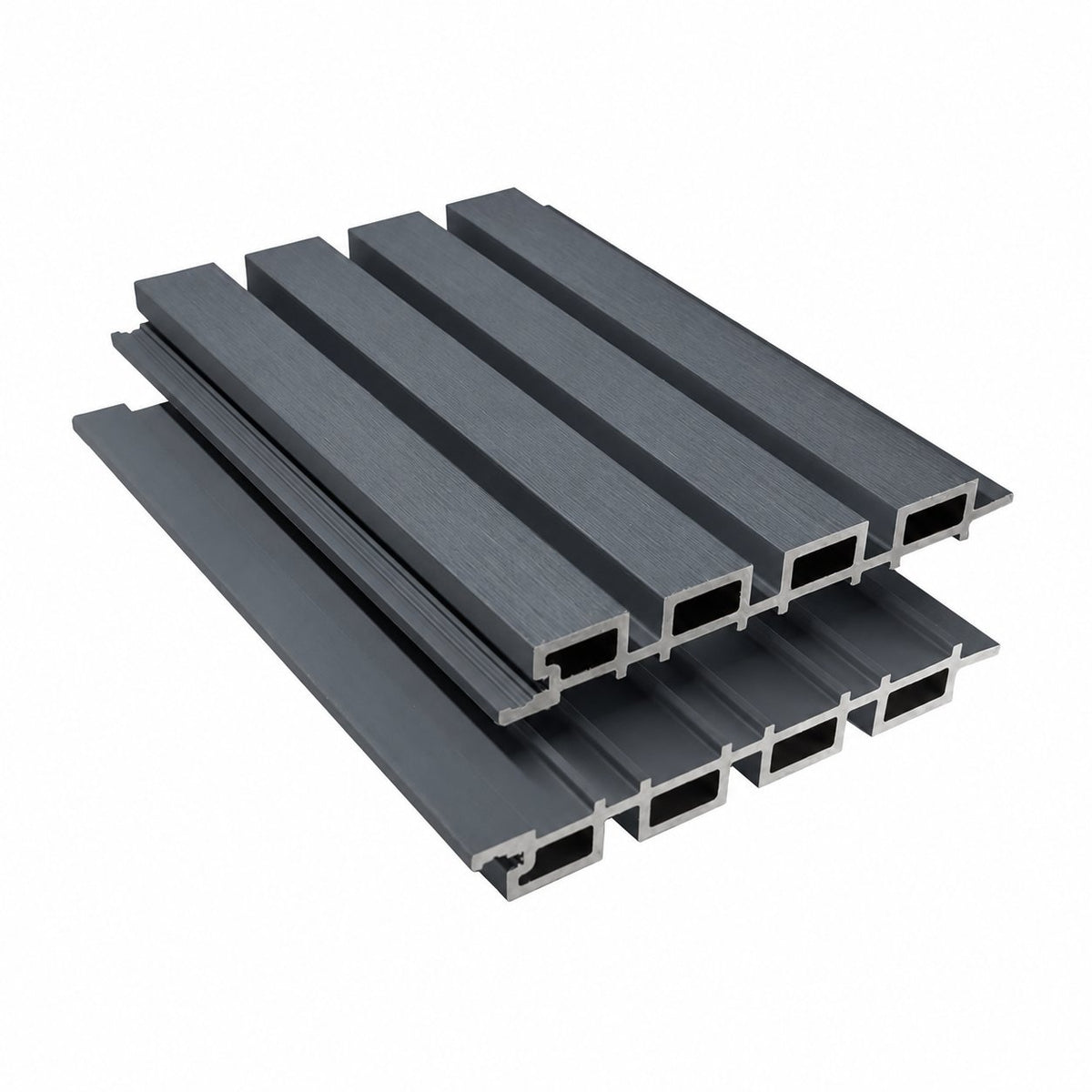 Anthracite Grey slatted cladding boards showing the ribbed face and hollow profile