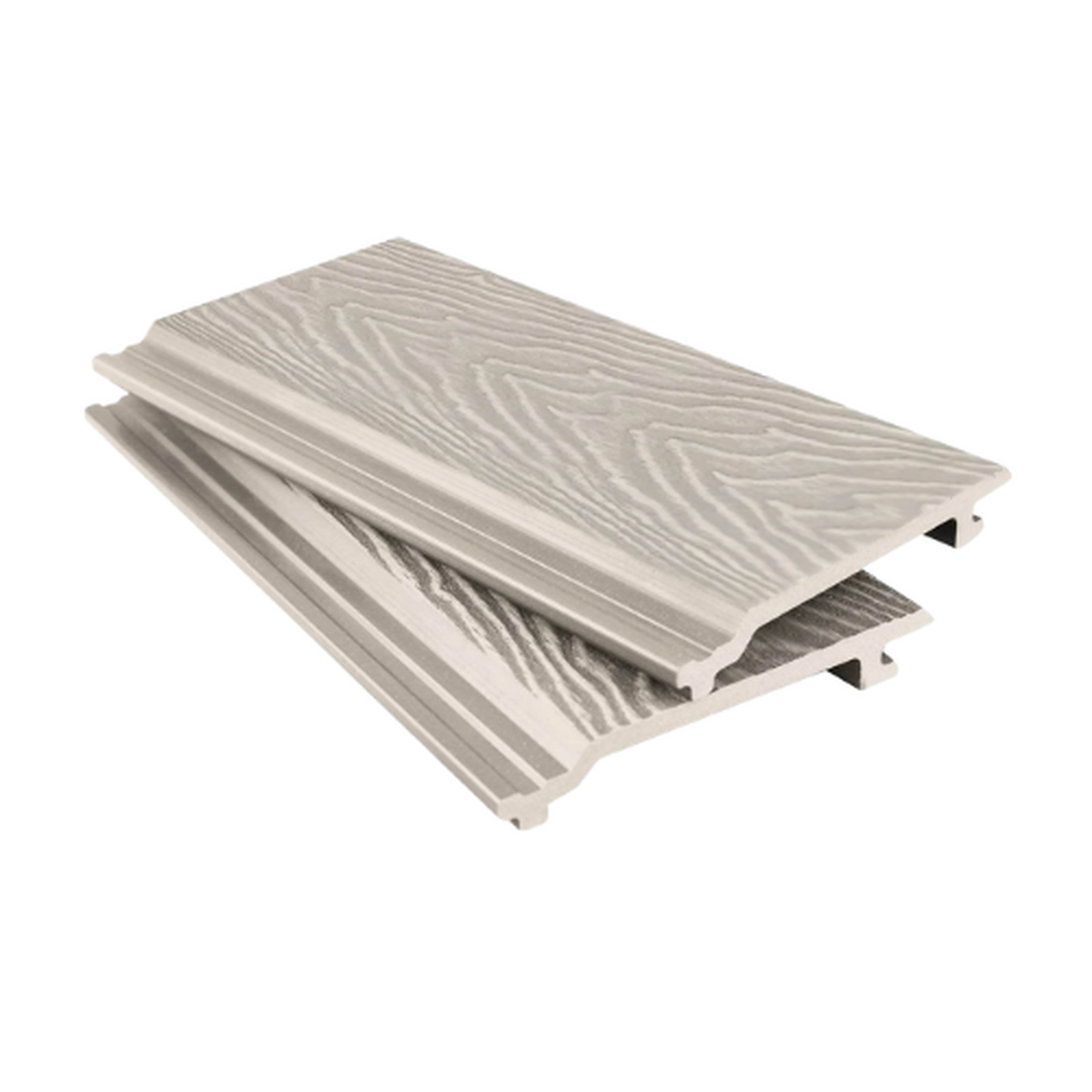 Light grey Signature woodgrain cladding boards showing the textured face and hollow profile