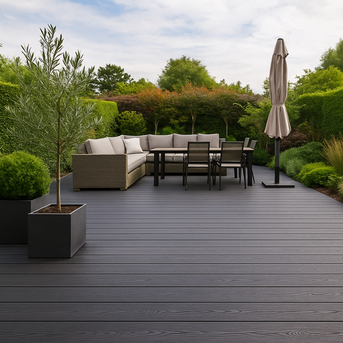 Illustration of dark composite decking in a garden seating area