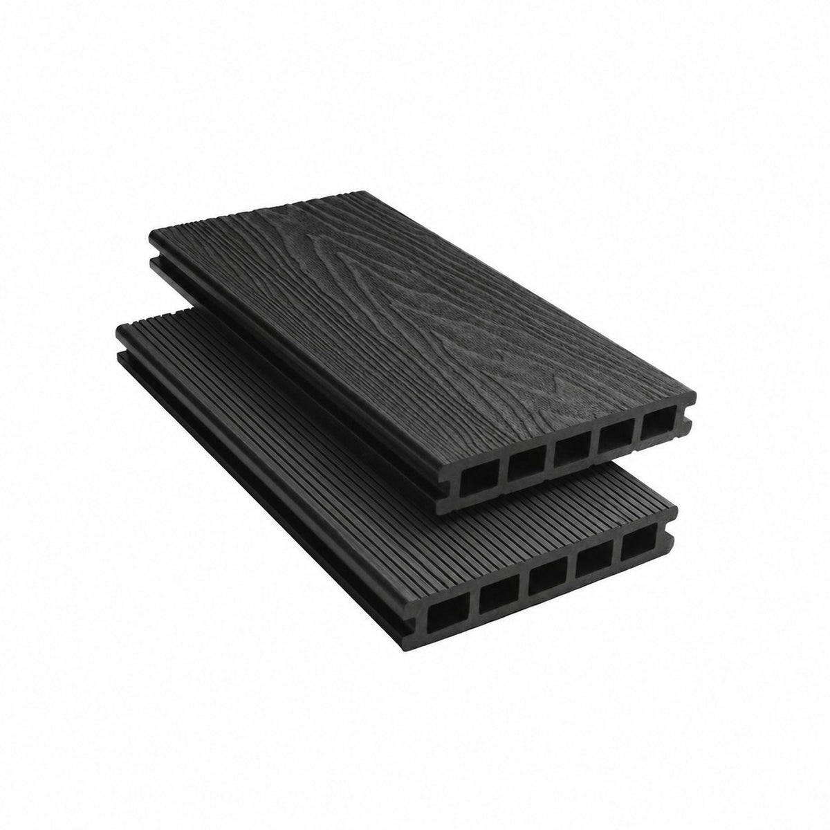 Charcoal Black Signature composite decking — woodgrain face and fine-grooved reverse